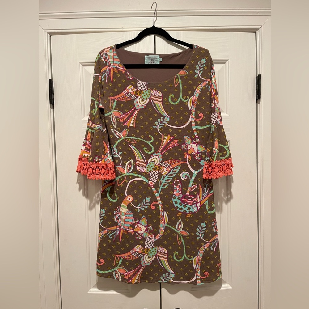 Judith March dress with bell sleeve and crochet lace detail. Very good condition